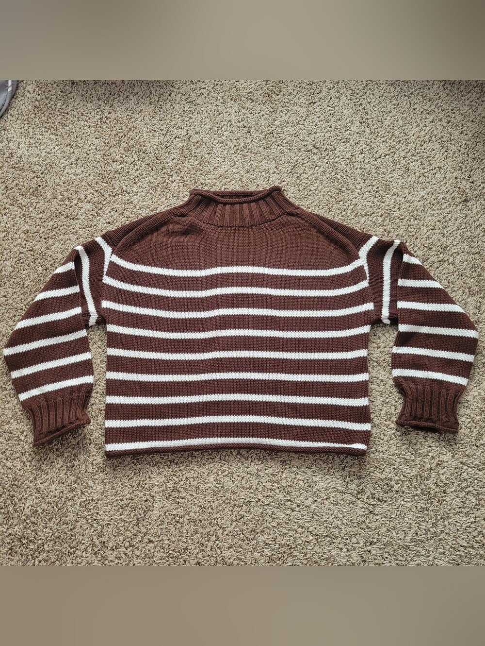 J. Crew 2025 Rollneck Sweater Brown White Stripe Striped 100% Cotton Size XS - Picture 2 of 9